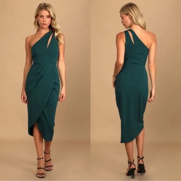 Lulus - So Flirty Hunter Green One-Shoulder Cutout Asymmetrical Dress - Hunter G - Picture 1 of 3